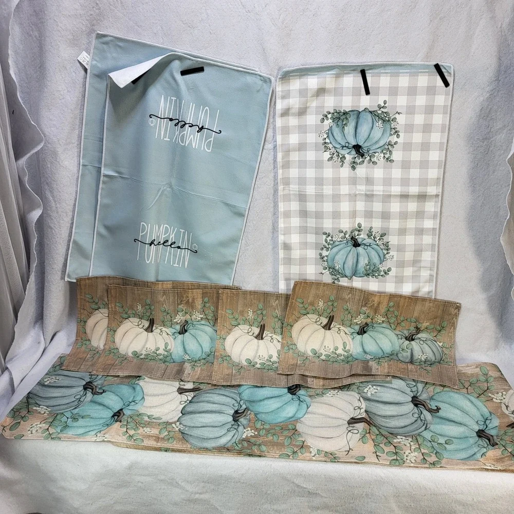 Pumpkin Kitchen Placemats Towel Set Table Runner Blue White Farmhouse Fall Decor